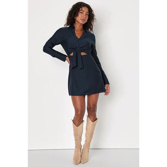 Lulus Dresses & Skirts - Lulus Classic Twist Navy Blue Collared Tie-front Cutout Mini Dress - Size XS